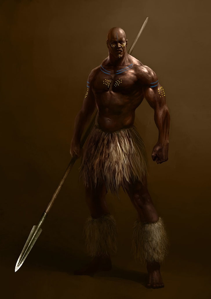 Soldat tribal masculin avec illustration de lance, ancien, vieux, KwaZulu-Natal, guerrier, art fantastique, arme, Bodybuilder, lance, regardant la visionneuse, Afrique du Sud, Fond d'écran HD, fond d'écran de téléphone