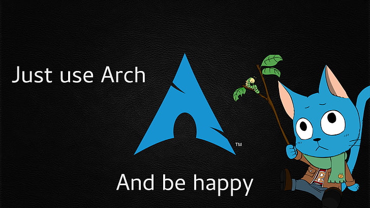 иллюстрация голубого кота с наложением текста, Arch Linux, Fairy Tail, HD обои