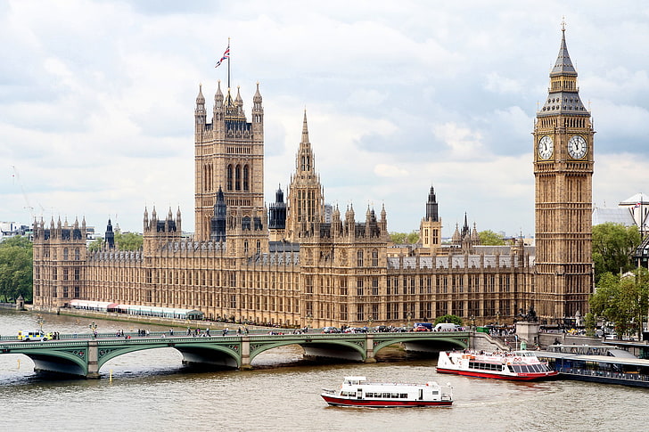 Westminster Palace, London, bridge, river, England, London, ships, HD wallpaper