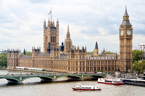 Westminster Palace, London, bridge, river, England, London, ships, HD wallpaper HD wallpaper
