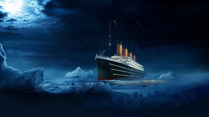 titanic, sea, ship, ocean, art, iceberg, berg, HD wallpaper