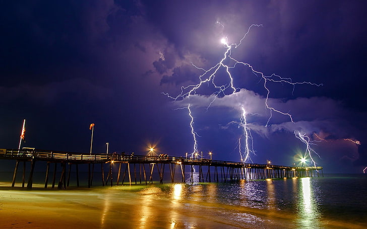 brown wooden dock, nature, pier, lightning, sea, storm, HD wallpaper