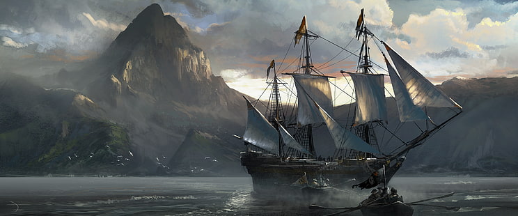 черен платноход, море, кораб, Assassin's Creed IV: Черен флаг, Assassin's Creed 4: Черен флаг, HD тапет HD wallpaper