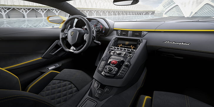 tablero de instrumentos auto negro Lamborghini, Lamborghini Aventador S, Interior, 2017, HD, 4K, 8K, Fondo de pantalla HD