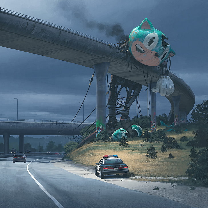 Sonic on bridge painting, Simon Stålenhag, HD wallpaper
