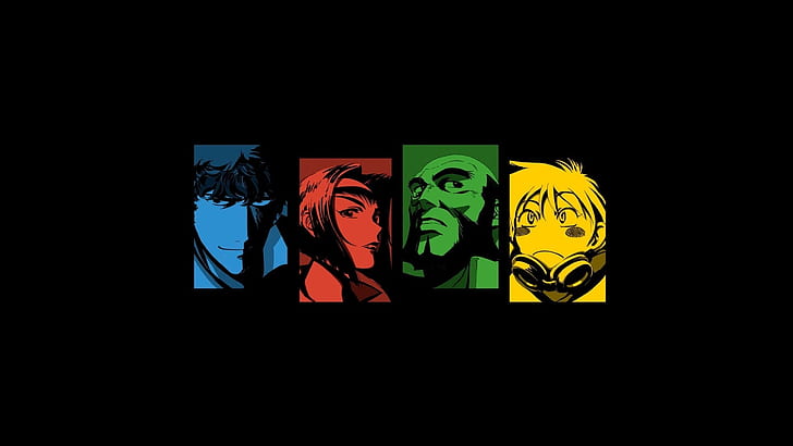 Cowboy Bebop, schwarzer Hintergrund, Spike Spiegel, Jet Black, Faye Valentine, Animemädchen, Collage, HD-Hintergrundbild