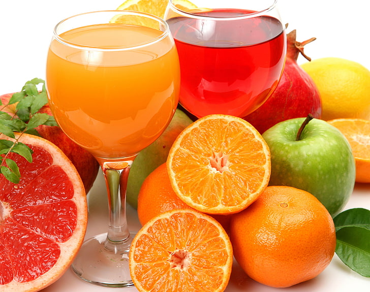 clear footed glass, juice, fruit, white background, lots of, glasses, apple, orange, cut, grapefruit, pomegranate, lemon, HD wallpaper