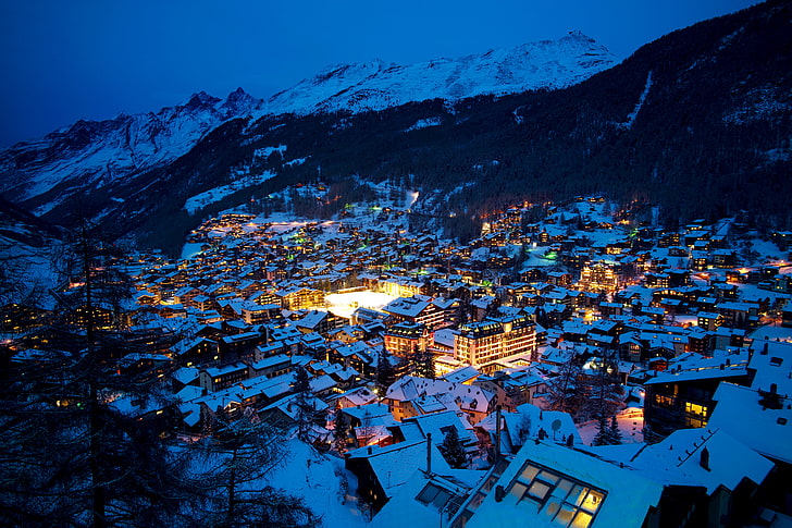 snow covered houses, winter, snow, trees, mountains, night, lights, home, Switzerland, valley, Alps, Zermatt, Swiss Alps, HD wallpaper