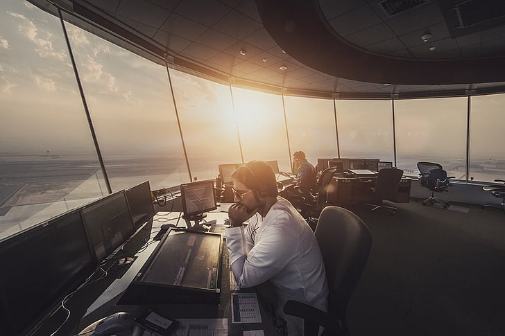 men's white dress shirt, photography, airport, room, computer, glass, sunset, workers, flight control, air traffic control, HD wallpaper