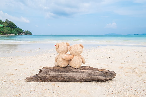 Sand, Meer, Strand, Liebe, Spielzeug, Bär, Paar, Brett, zwei, romantisch, Paar, Teddy, niedlich, HD-Hintergrundbild HD wallpaper