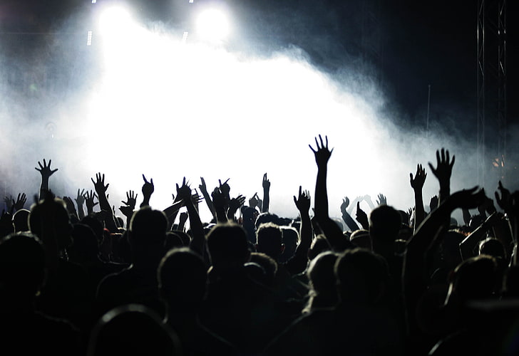 foto silhouette di persone in piedi, persone, mani, concerto, musica, folla, Sfondo HD