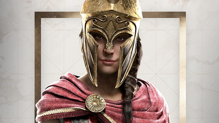 latar belakang biru, Assassin's Creed, Assassin's Creed Odyssey, Assassins Creed: Odyssey, Kassandra, warrior, helmet, Wallpaper HD