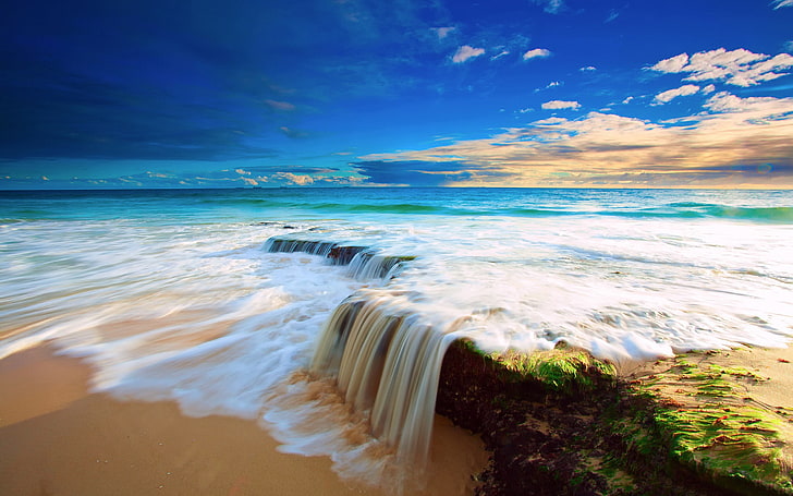 海の波の滝-美しい風景の壁紙、青い海の水、 HDデスクトップの壁紙