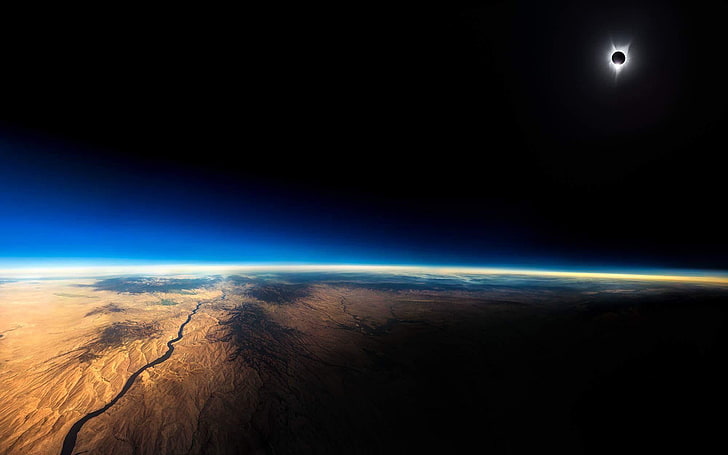 космос, Земля, атмосфера, затмение, природа, река, пустыня, Джон Кармайкл, космическое искусство, планета, тьма, HD обои