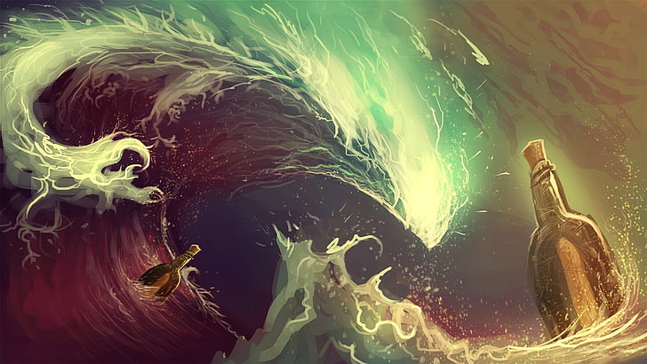 ocean wave illustration, artwork, painting, bottles, sea, HD wallpaper