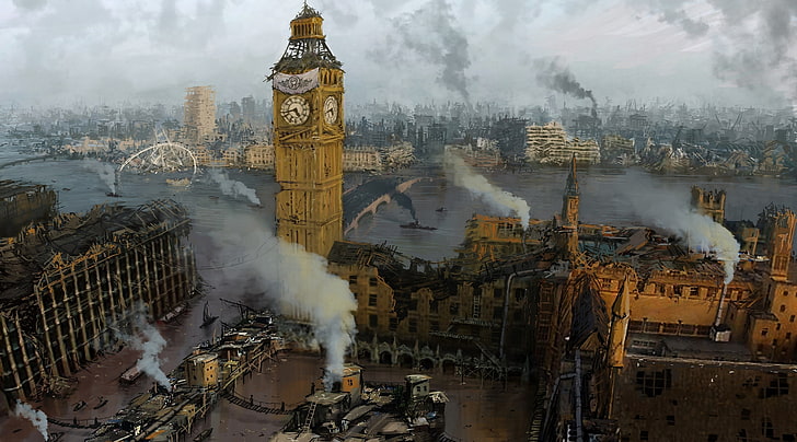 trabalho artístico, Londres, apocalíptico, arte digital, Inglaterra, Reino Unido, fumaça, ruína, cidade, paisagem urbana, ponte, Big Ben, HD papel de parede