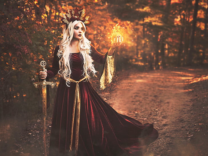 Shelby Robinson, magic girl, fantasy, art creative, woman in red scoop neck long sleeve gown holding ball of fire and sword photo, Shelby, Robinson, Magic, Girl, Fantasy, Art, Creative, HD wallpaper