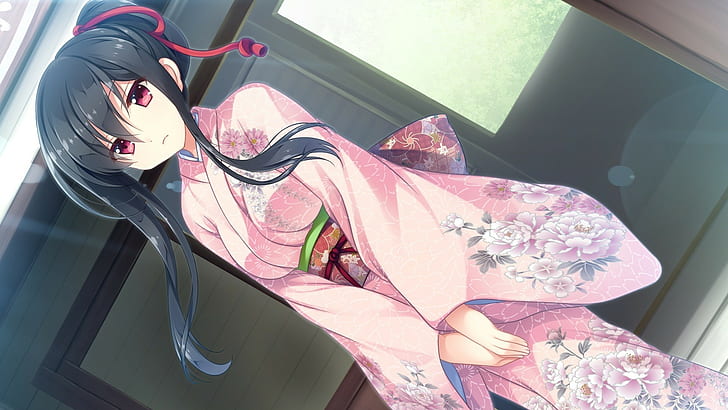 anime, animeflickor, brunett, långt hår, japanska kläder, kimono, rosa ögon, tittar på betraktaren, HD tapet