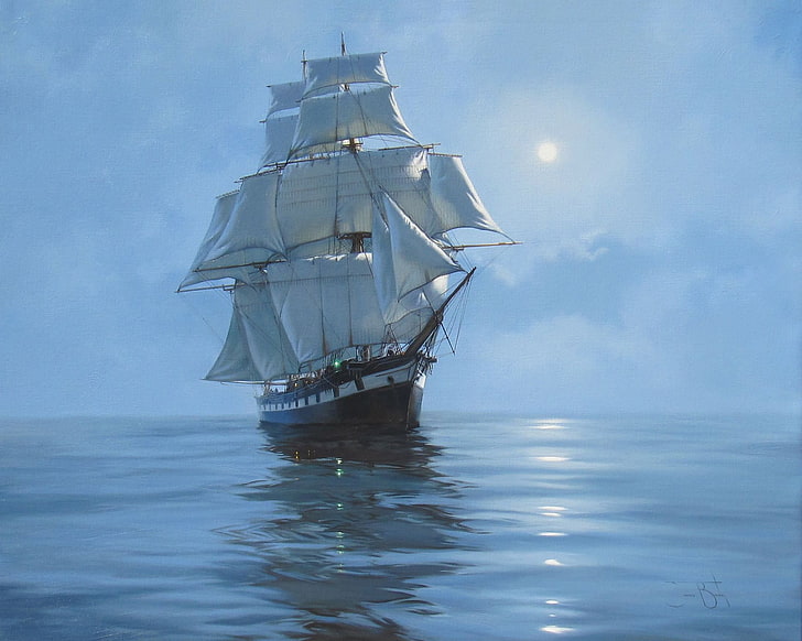 бело-серый галеон, живопись, море, корабль, парусник, картина, живопись, Джеймс Бреретон, HD обои