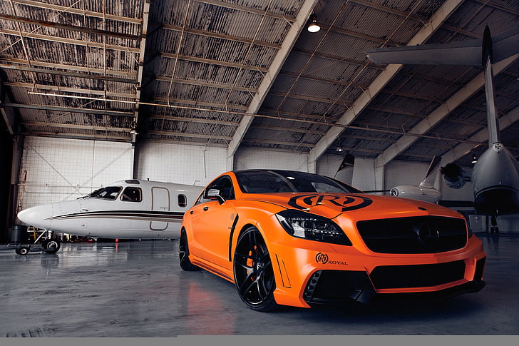 orange and black sedan, auto, machine, orange, the plane, tuning, hangar, mercedes-benz, Mercedes, cls, royal, HD wallpaper