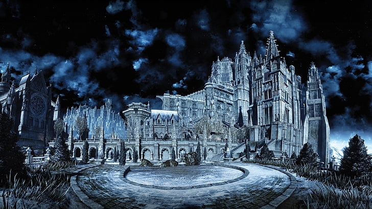 Ilustración de castillo de hormigón, Dark Souls, Dark Souls III, noche, Irithyll, videojuegos, Fondo de pantalla HD