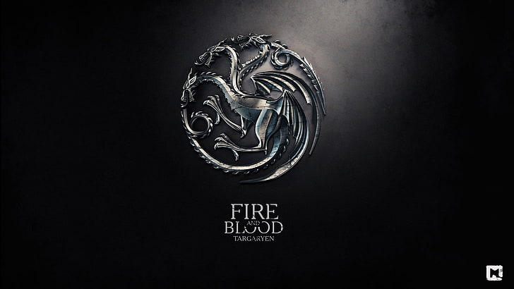 Fire and Blood wallpaper, metal, dragon, logo, Game of Thrones, anime, digital art, A Song of Ice and Fire, fire, sigils, House Targaryen, fire and blood, simple background, HD wallpaper