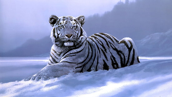 animales, tigre, ilustraciones, tigres blancos, Fondo de pantalla HD HD wallpaper