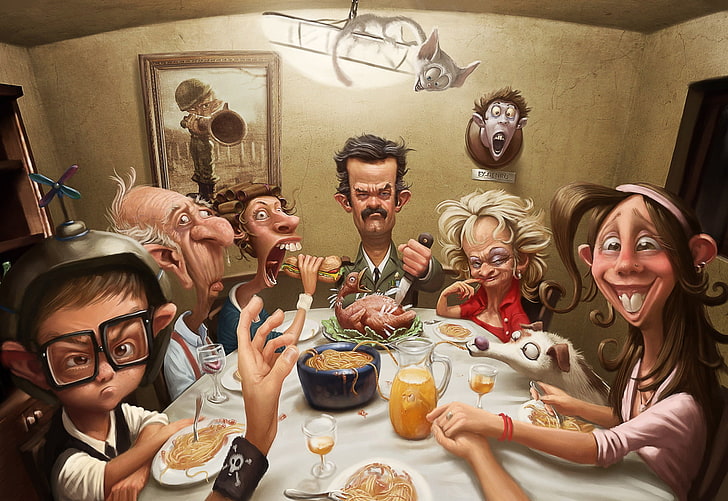 lukisan makan malam keluarga, Meja, Keluarga, Makanan, Aneh, Kerabat, Wallpaper HD
