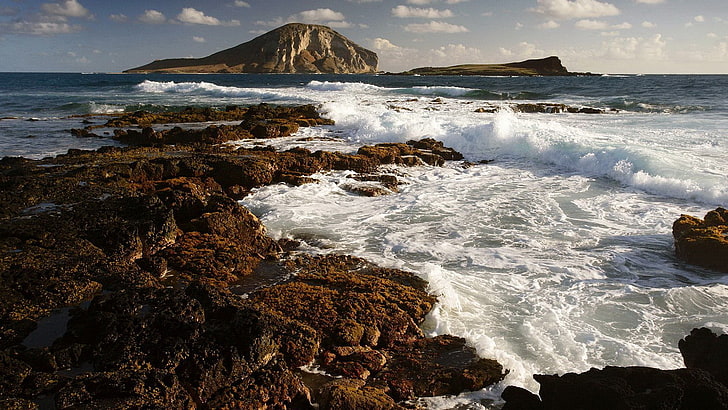 brown mountain, landscape, sea, coast, island, waves, rocks, HD wallpaper