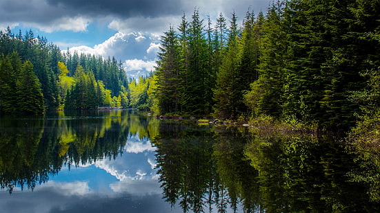 Kanada, British Columbia, sjö, träd, vår, reflektion, Kanada, British, Columbia, Lake, träd, vår, reflektion, HD tapet HD wallpaper