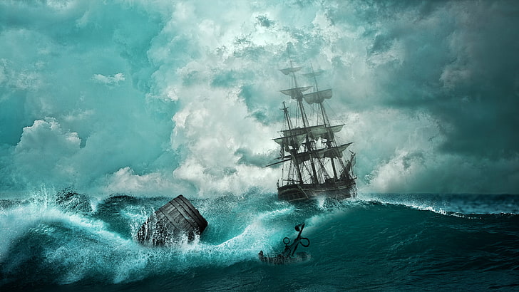 black galleon ship, ship, storm, waves, anchor, photoshop, HD wallpaper