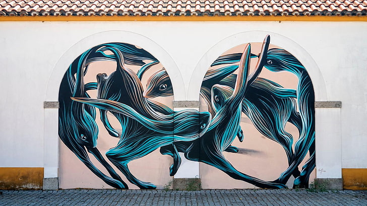 two blue and green abstract paintings, animals, artwork, graffiti, rabbits, wall, street, street art, HD wallpaper