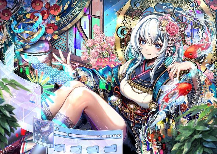 Tiprip kk, regardant le spectateur, cheveux blancs, yeux bleus, vêtements japonais, poissons, fleurs, femmes en plein air, cuisses, ornement de cheveux, kimono, feuilles, Fond d'écran HD