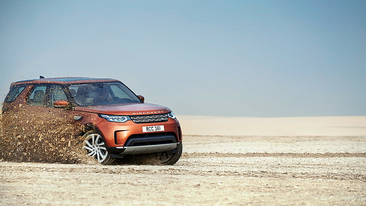 brown SUV drifting on brown soil, Land Rover Discovery, paris auto show 2016, crossover, HD wallpaper