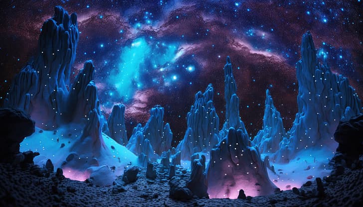 AI art, illustration, surreal, nebula, space, stars, blue, rock formation, planet, science fiction, psychedelic, trippy, HD wallpaper