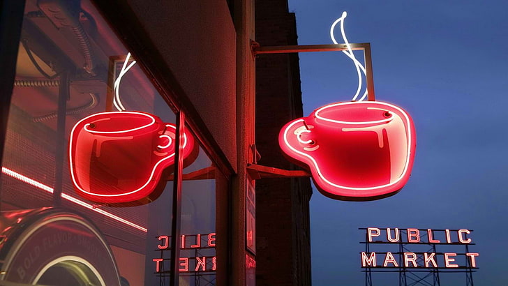 Café, bebidas, mercado, néon, Seattle, sinal, mundo, HD papel de parede