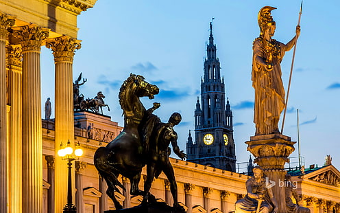 Torre, Austria, ayuntamiento, Parlamento, Viena, la estatua de la diosa Pallas Athena, Fondo de pantalla HD HD wallpaper