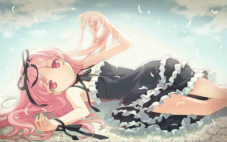 gadis anime, rambut merah muda, mata merah muda, Wallpaper HD