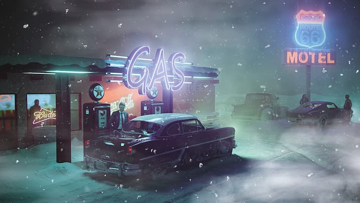 winter, night, cold, men, car, artwork, vehicle, Gas station, motel, Route 66, snow flakes, HD wallpaper