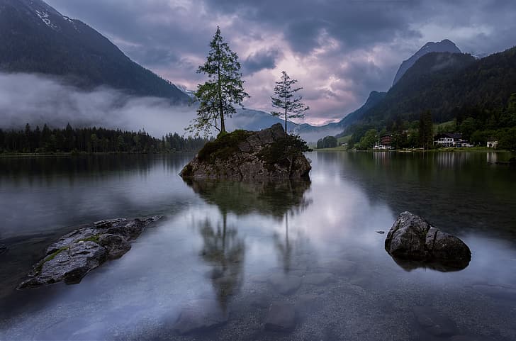 trees, mountains, clouds, fog, lake, stones, home, morning, Germany, forest, Bank, Hintersee, HD wallpaper