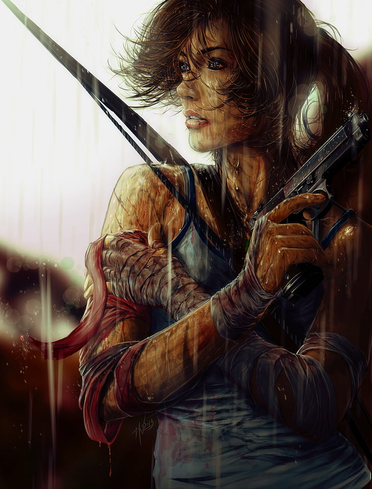 Lara Croft, Tomb Raider, lluvia, vendaje, videojuegos, Fondo de pantalla HD, fondo de pantalla de teléfono