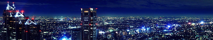 ночная съемка, панорамный вид на городской пейзаж в ночное время, городской пейзаж, ночь, Япония, HD обои