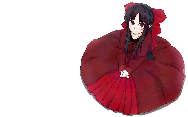 black haired anime girl illustration, аnime, gir, dress, red, modesty, background, white, HD wallpaper