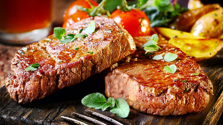beef, steak, food, cooking, grill, vegetables, meal, meat, tomato leaves ., HD wallpaper