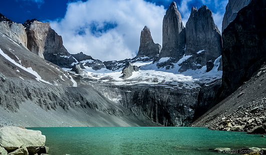 glacier mountain under blue and white sky, las torres, las torres, Las Torres, glacier, mountain, blue and white, torres del paine  chile, patagonia, landscape, landscapes, lake, nature, wild, south america, adventure, hiking, hike, trekking, outdoor, outdoors, amazing, sky, cloud, clouds, color, colors, winter, cold, rock, monolith, scenics, mountain Peak, snow, rock - Object, ice, summer, european Alps, water, blue, HD wallpaper HD wallpaper