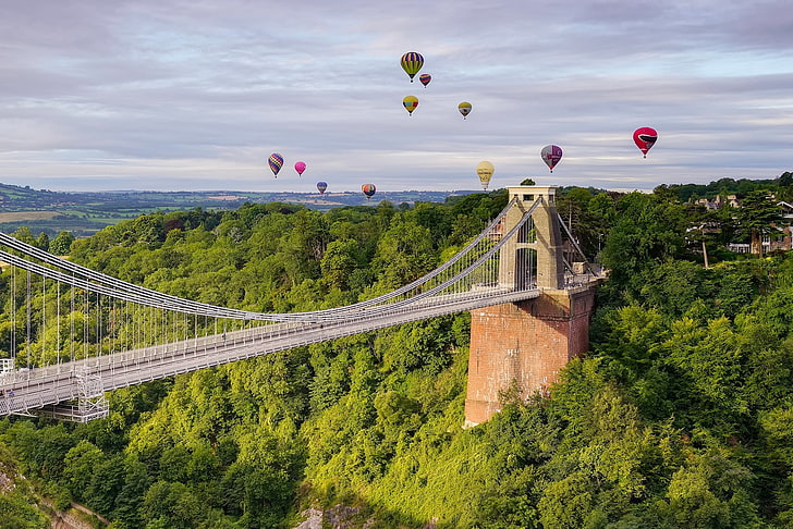 ponte, palloncini, Inghilterra, panorama, Bristol, gola di Avon, ponte sospeso di Clifton, Clifton, gola di Avarskoe, Sfondo HD