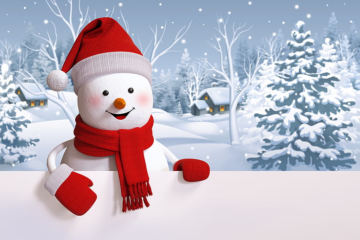 biało-czerwona tapeta bałwana, bałwan, szczęśliwa, zima, śnieg, słodka, Tapety HD