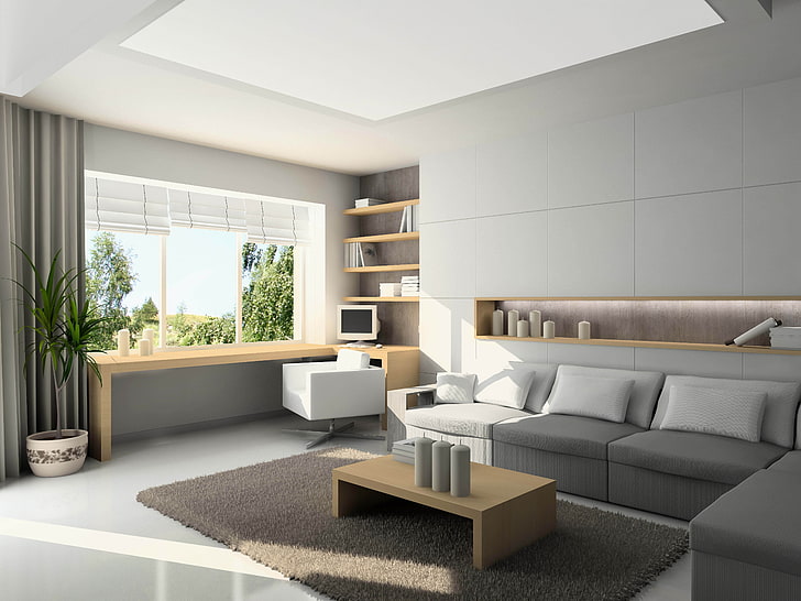 серый секционный диван и коричневый деревянный центральный стол, диван, мебель, дизайн интерьера, стиль, комфорт, HD обои