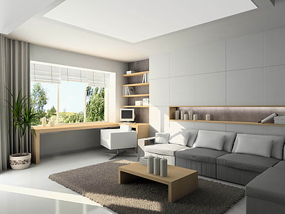 сив секционен диван и кафява дървена централна маса, диван, мебели, интериорен дизайн, стил, комфорт, HD тапет HD wallpaper