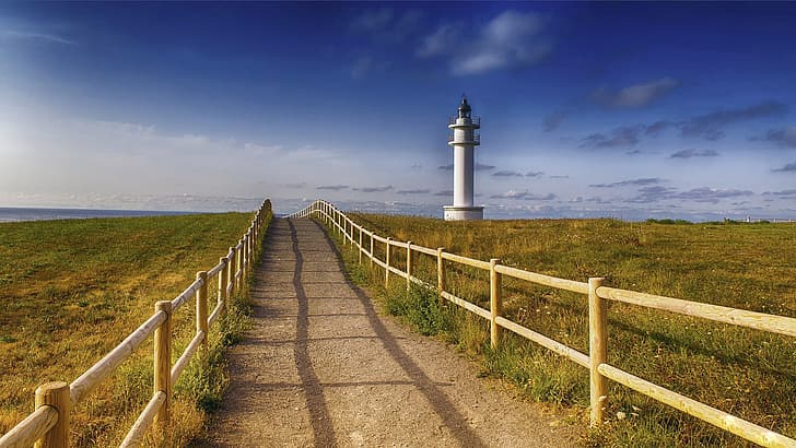 road, lighthouse, horizon, Spain, Cantabria, Playa de Lao, HD wallpaper